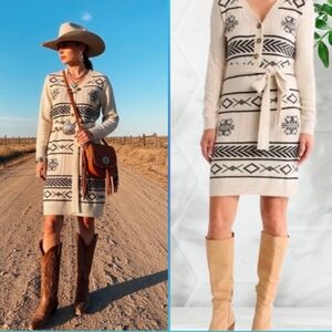 Lucky Brand Cream and Black Patterned Dress